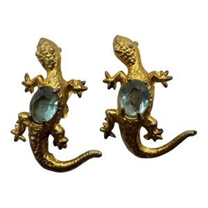 Vintage Gold-Tone Lizard Brooch Pair w/ Green Stone Belly – 2”